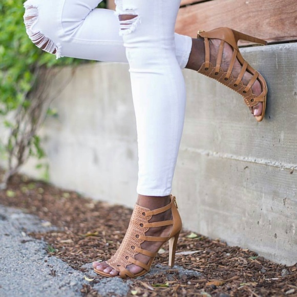 Anthropologie Shoes - Cognac Leather Lacer Cut Stiletto Heel Sandal